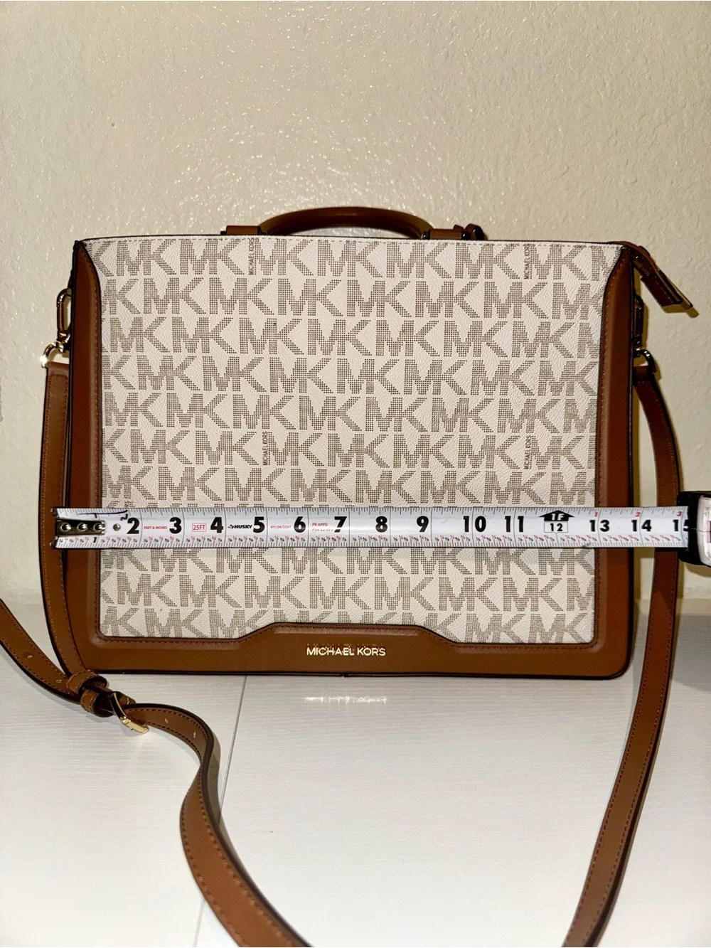 Michael Kors Brown and White Signature MK Satchel